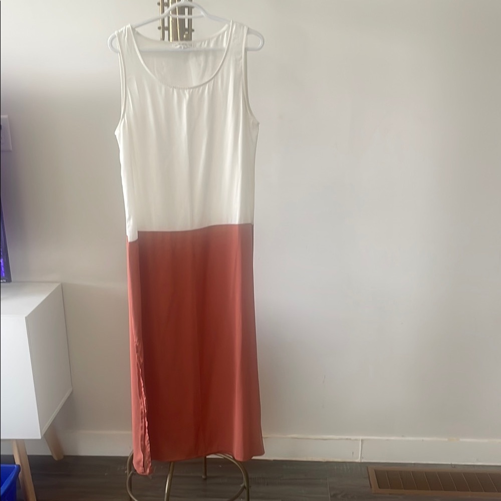 None The Richer Sleeveless Two-Tone White and Rust Maxi Dress